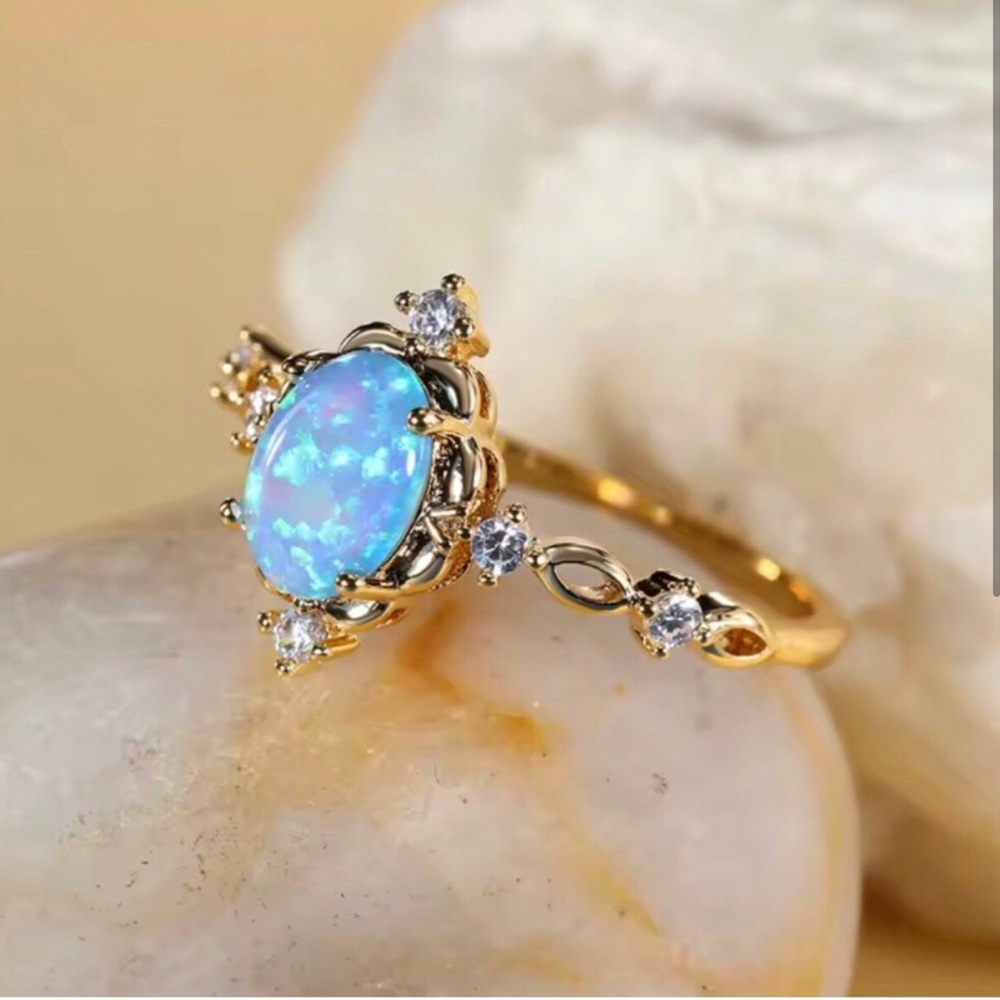 Gold Opal Halo Ring with Blue Opal Center and Mystic Topaz - Picture 2 of 2
